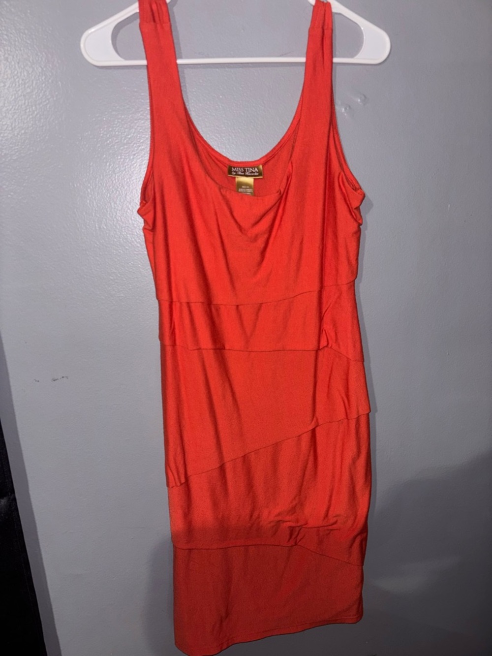 Miss Tina Orange-Red Layered Midi Sheath Dress